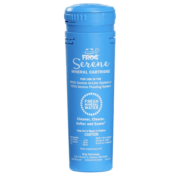 A blue bottle with a blue label on it, containing a Frog Serene Mineral Replacement Cartridge for Hot Tubs for use only with Frog Serene in-Line and Floating Sanitizing Systems for Spas up to 600 gallons, Quick and Easy Hot Tub Sanitizer.